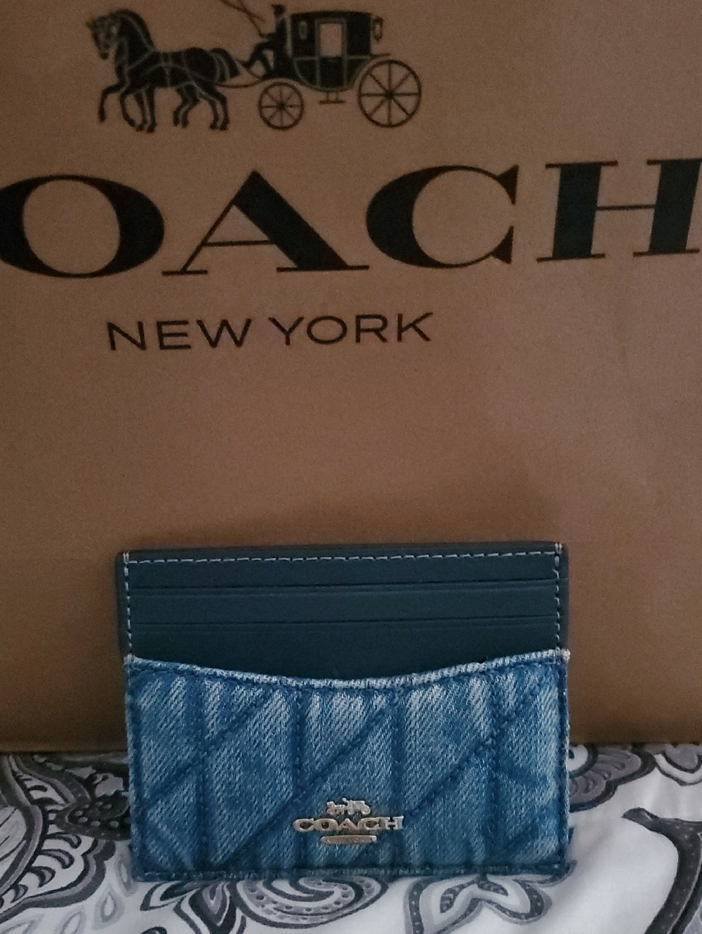 Coach Denim and Dark Green Leather Card Holder with Silver Logo